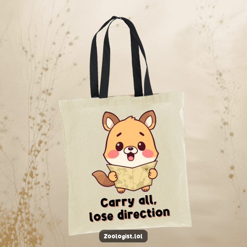 Funny tote bag designed with a cute animal character showing surprise while looking at a map, symbolizing humorous travel mishaps.