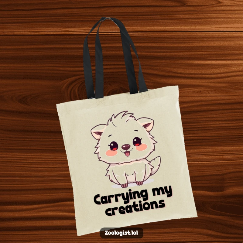 Funny tote bag depicting a cute animal character sketching a bizarre, delightful creature with immense joy and artistic focus.