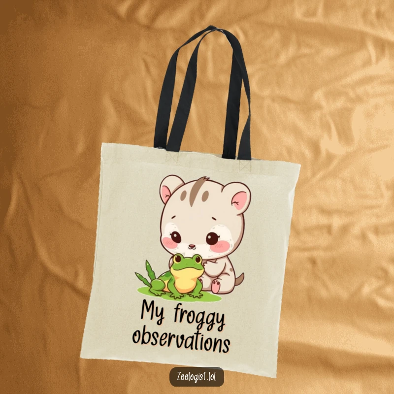 Funny Tote Bag: A small, cute animal character carefully observing a tiny frog with gentle excitement, embodying curiosity.