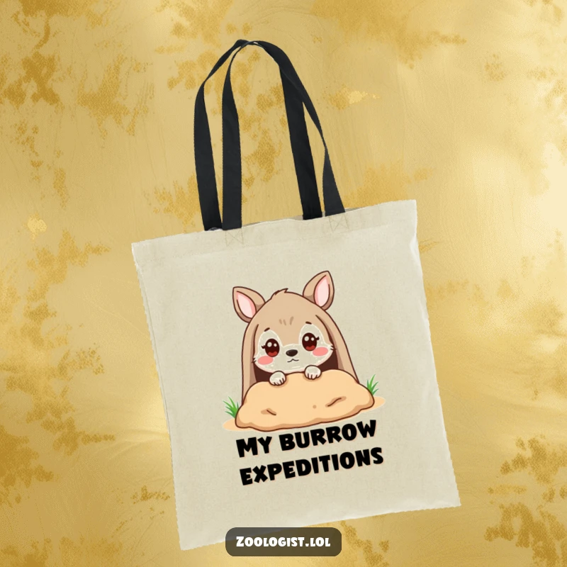Funny Tote Bag: A small, cute animal character peering into a burrow with a quizzical expression, embodying investigation.
