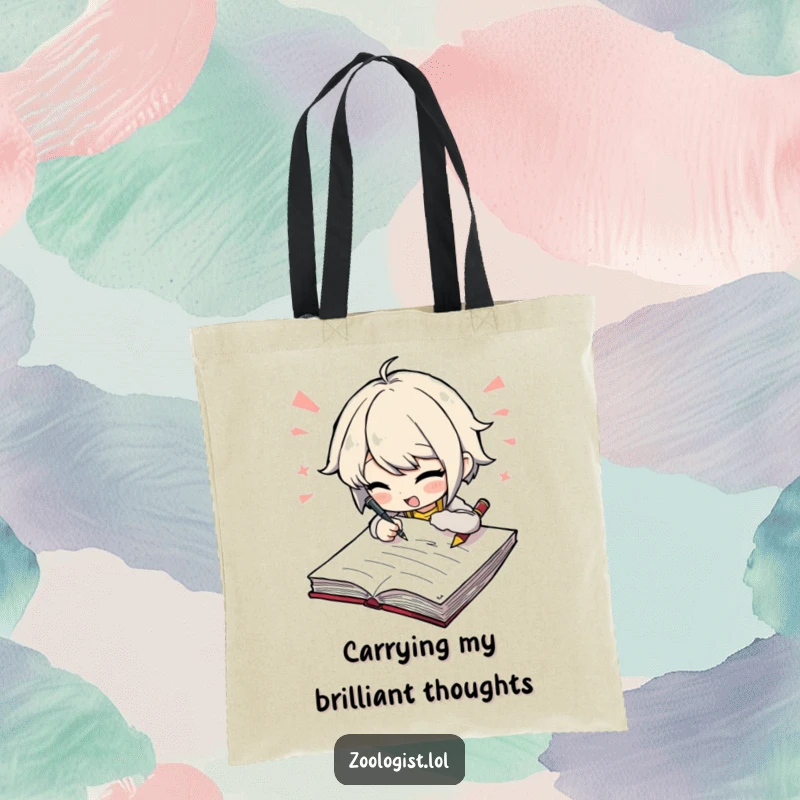 Funny tote bag with a character scribbling furiously in a notebook, designed for writers and note-takers. A practical and humorous gift.