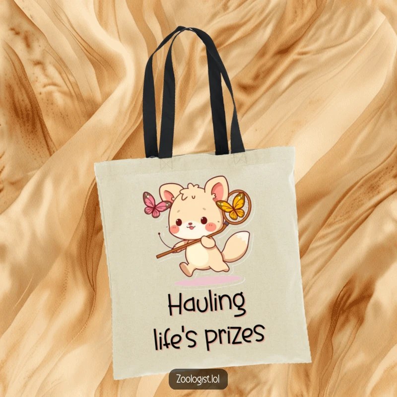 Funny tote bag with a cute animal character energetically chasing a butterfly with a net, embodying playful pursuit and outdoor adventure.
