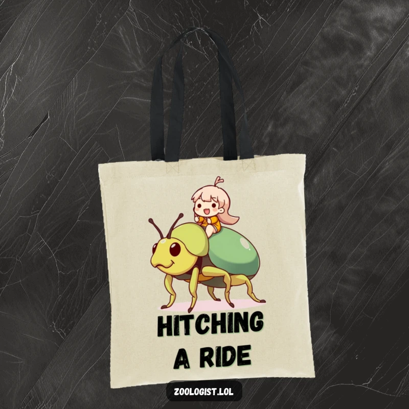 Funny Beetle Rider Tote Bag: Character happily travels on a huge, friendly beetle, exhibiting sheer delight and a love for quirky adventures.
