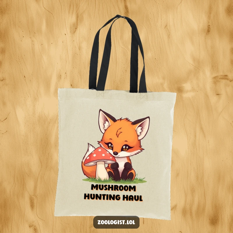 Funny fox tote bag featuring a curious fox inspecting a mushroom, a practical and humorous accessory for daily use.