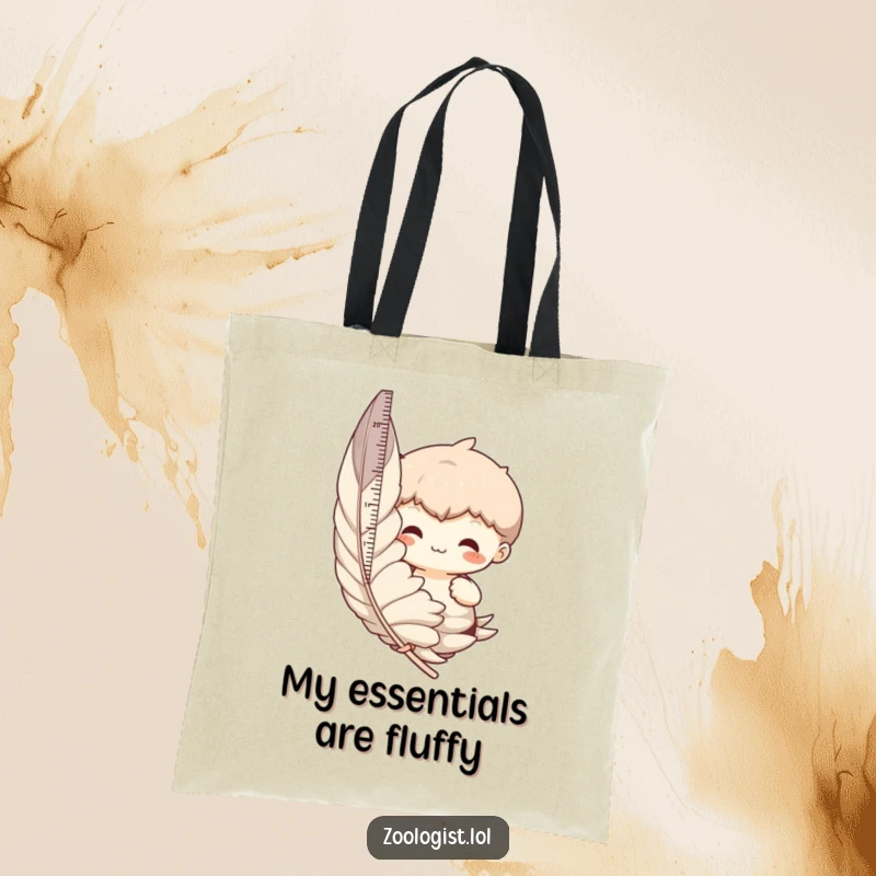 Funny tote bag design of a character meticulously measuring a massive feather, ideal for carrying essentials and smiles.