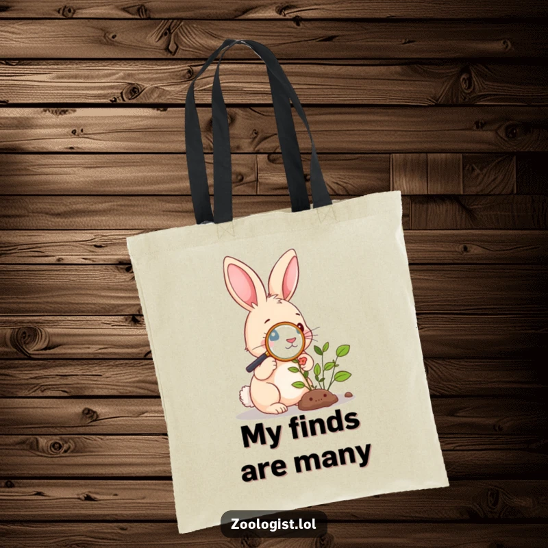 Funny Tote Bag: Cute rabbit examining a plant with a magnifying glass, a charming accessory for plant enthusiasts.