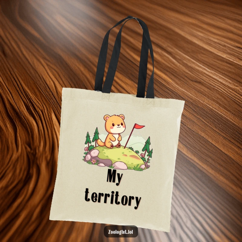 Funny tote bag depicting a cheerful animal surveying a landscape and planting a flag, symbolizing happy adventures and humor.