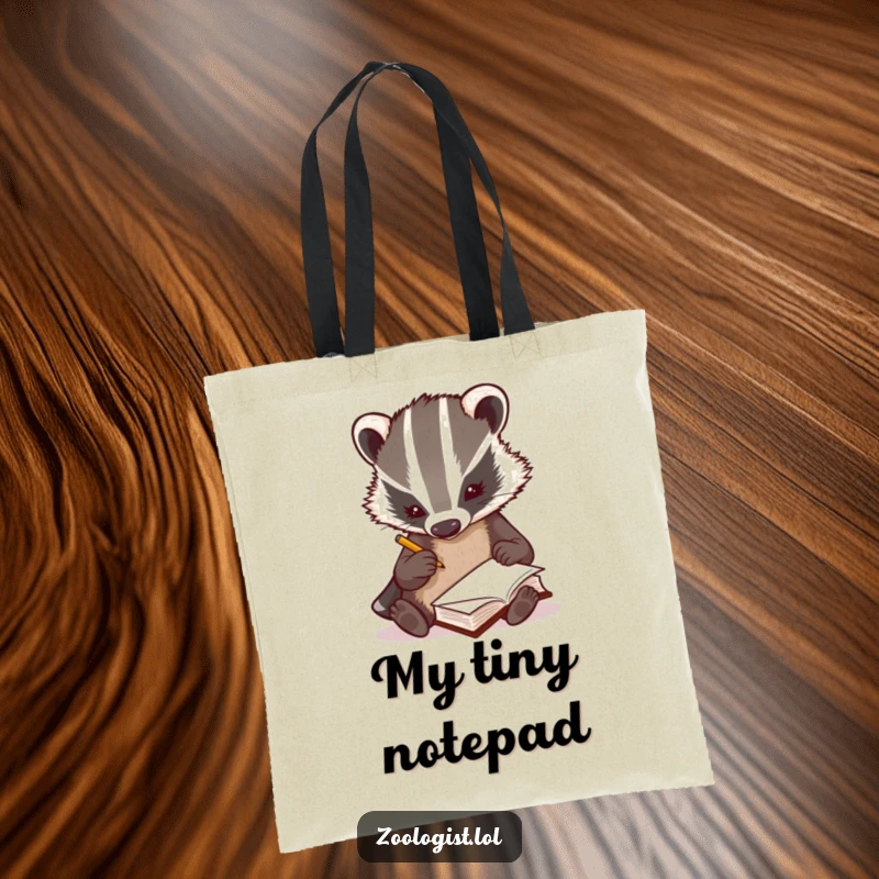 Funny curious badger zoologist scribbling notes rapidly in a tiny book, reusable tote bag, nature study, perfect funny gift.