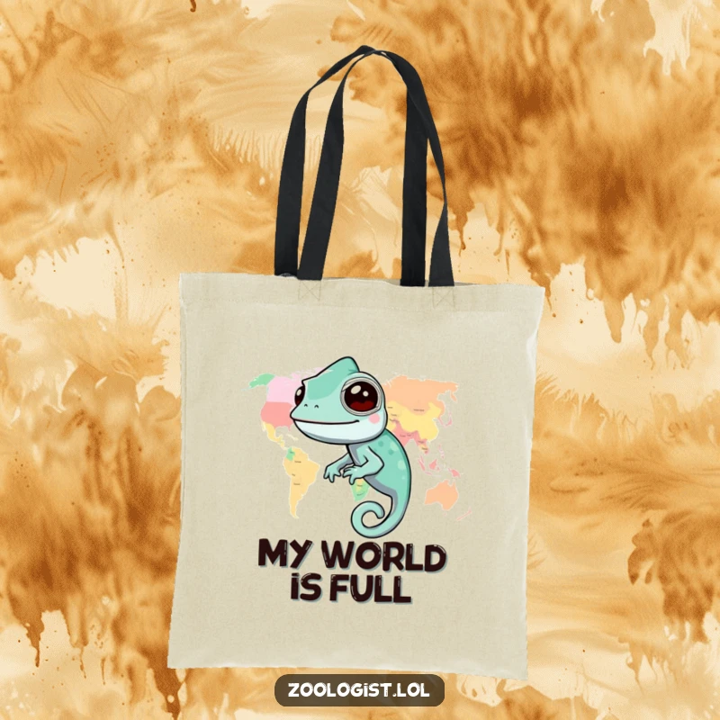 Funny chameleon tote bag illustrating a happy chameleon blending perfectly into a colorful and intricate world map, perfect for travel.
