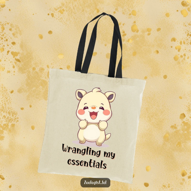 Funny tote bag featuring a character gently pacifying a boisterous, bouncing creature, highlighting a caring and gentle approach.